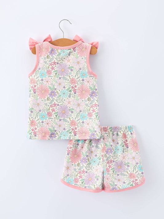 Girls Pink Floral Sleeveless Vest Top and Shorts Set