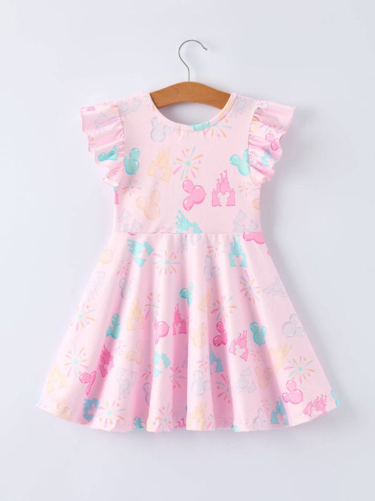 Spring Pink Theme Park Print Girls Twirl Dress