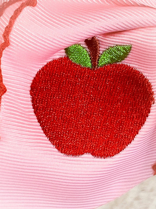 Pink Apple Embroidered Moonstitch Hair Bow | Clip or Headband