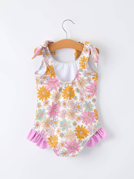 Floral Print Girls Ruffle Leg One Piece Swimsuit