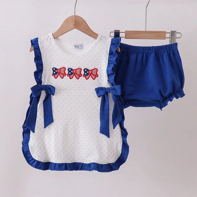 Navy bow applique ruffle bloomer set