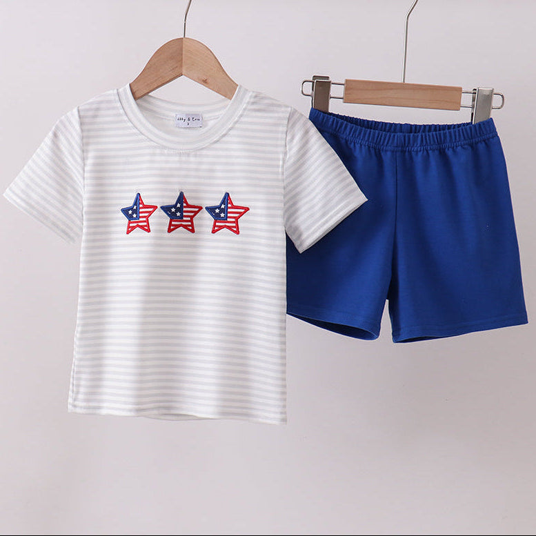 Navy bow applique stripe shorts set