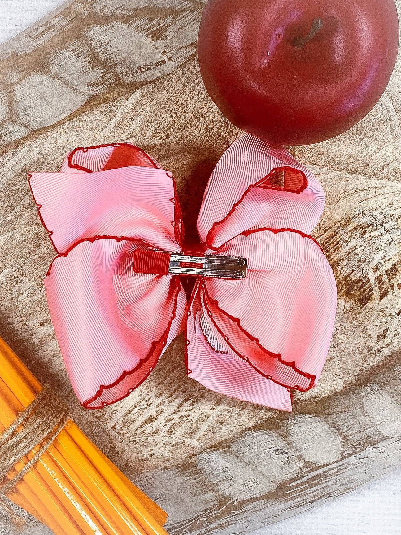 Pink Apple Embroidered Moonstitch Hair Bow | Clip or Headband