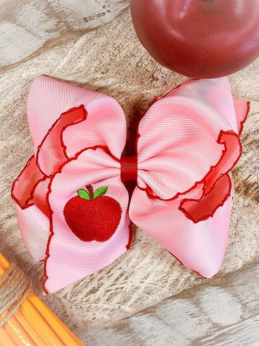 Pink Apple Embroidered Moonstitch Hair Bow | Clip or Headband
