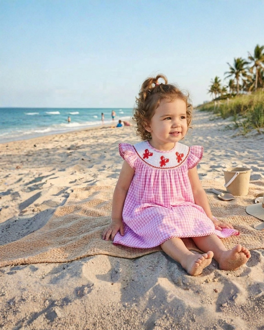 Pink Gingham Crawfish Smocked Bishop Dress