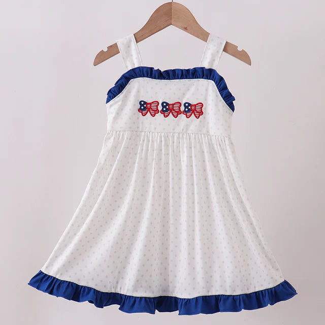 Navy bow applique ruffle dress